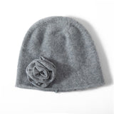Womens Cashmere Beanie Hat With Handmade Crochet Flower Floral Hats Gray M