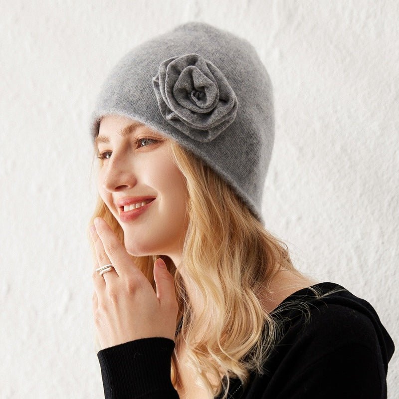 Womens Cashmere Beanie Hat With Handmade Crochet Flower Floral Hats Gray M