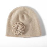 Womens Cashmere Beanie Hat With Handmade Crochet Flower Floral Hats Beige M