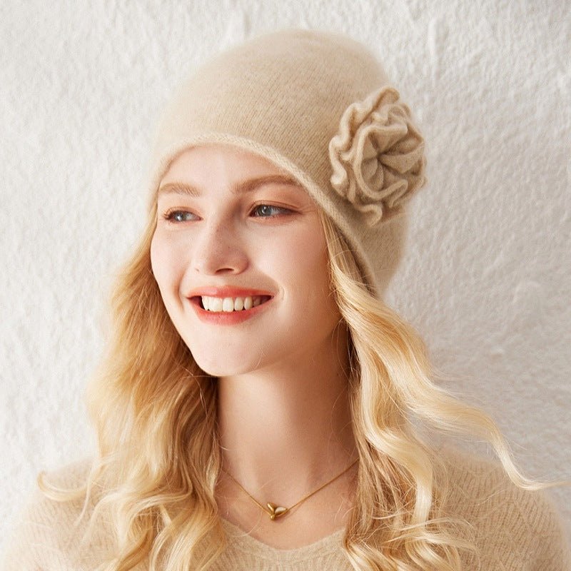 Womens Cashmere Beanie Hat With Handmade Crochet Flower Floral Hats Beige M