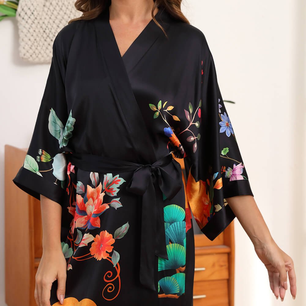 100% Floral Nature - inspired Prints Silk Kimono Robe