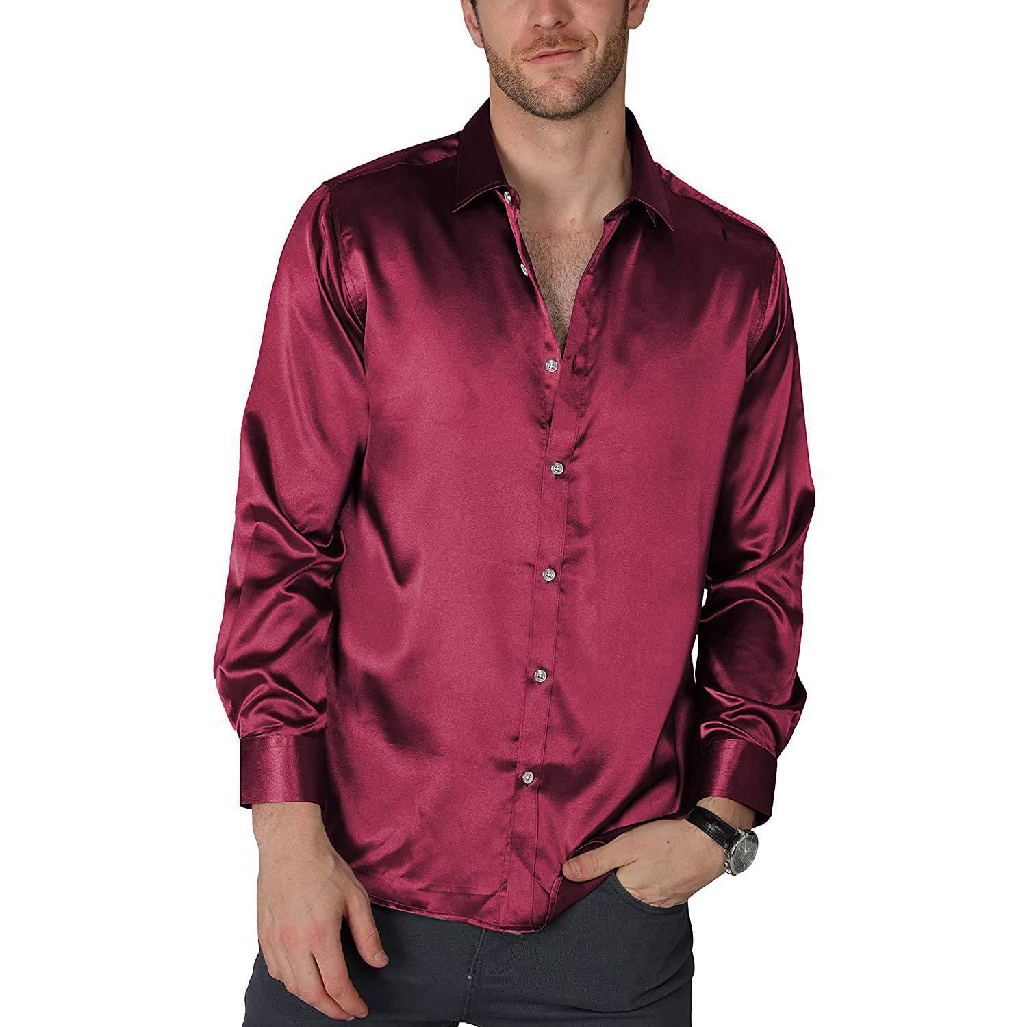 100% Mulberry Men's Silk Shirt Luxury Silk Button Down Shirts Claret XS
