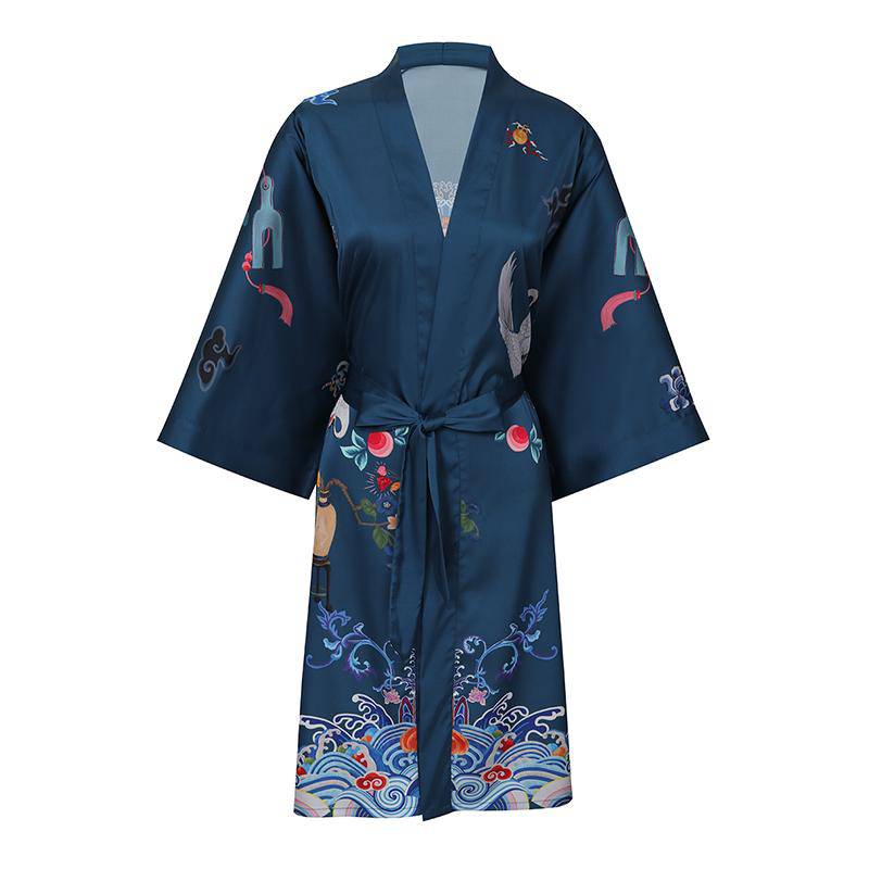 Short Crane And Dragon Print Pure Silk Kimono Robes