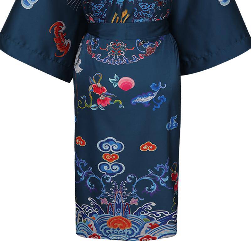 Short Crane And Dragon Print Pure Silk Kimono Robes