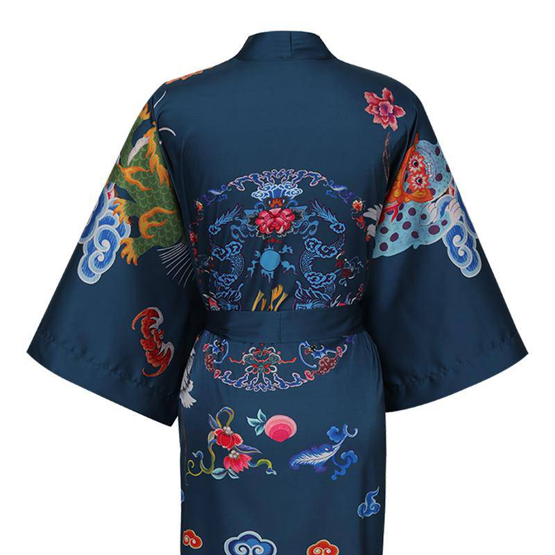 Short Crane And Dragon Print Pure Silk Kimono Robes