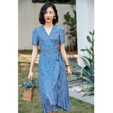 Floral Wrap Midi Dress Short Sleeve Side Tie Ladies Summer Chic Silk Dresses XS Blue