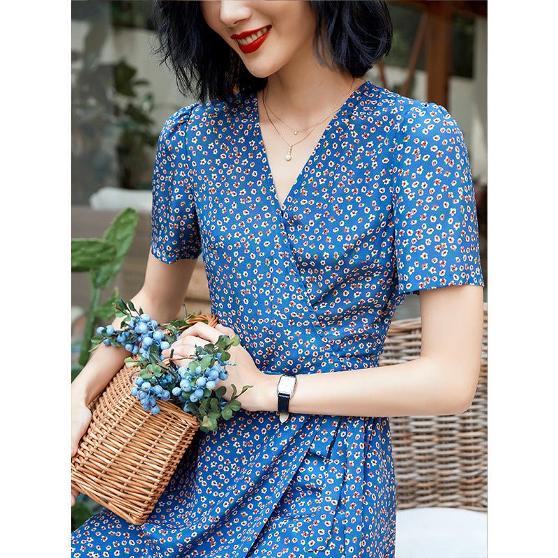 Floral Wrap Midi Dress Short Sleeve Side Tie Ladies Summer Chic Silk Dresses XS Blue