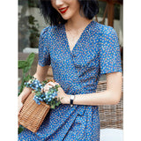 Floral Wrap Midi Dress Short Sleeve Side Tie Ladies Summer Chic Silk Dresses XS Blue