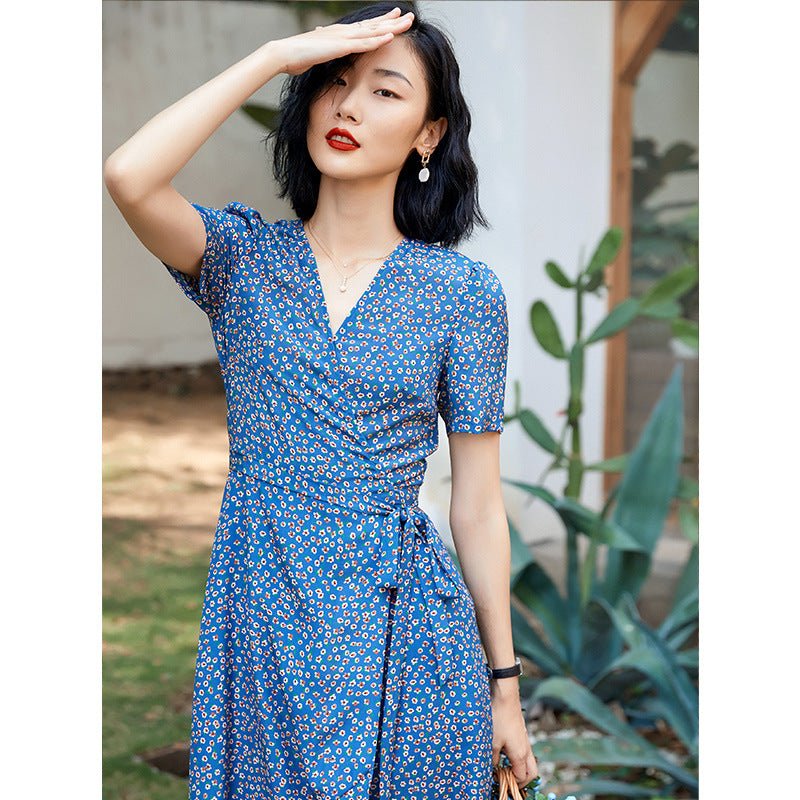 Floral Wrap Midi Dress Short Sleeve Side Tie Ladies Summer Chic Silk Dresses XS Blue