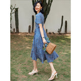Floral Wrap Midi Dress Short Sleeve Side Tie Ladies Summer Chic Silk Dresses XS Blue