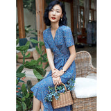 Floral Wrap Midi Dress Short Sleeve Side Tie Ladies Summer Chic Silk Dresses XS Blue