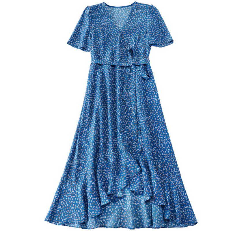 Floral Wrap Midi Dress Short Sleeve Side Tie Ladies Summer Chic Silk Dresses XS Blue