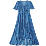 Floral Wrap Midi Dress Short Sleeve Side Tie Ladies Summer Chic Silk Dresses XS Blue