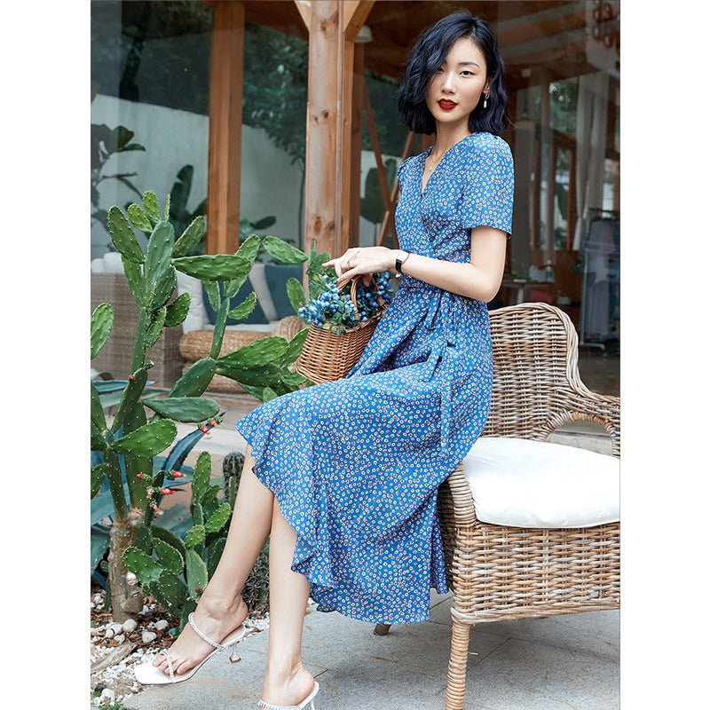 Floral Wrap Midi Dress Short Sleeve Side Tie Ladies Summer Chic Silk Dresses XS Blue