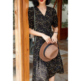 Button Front Silk Floral Print Dress Ladies Summer Chic Silk Dresses XS Black