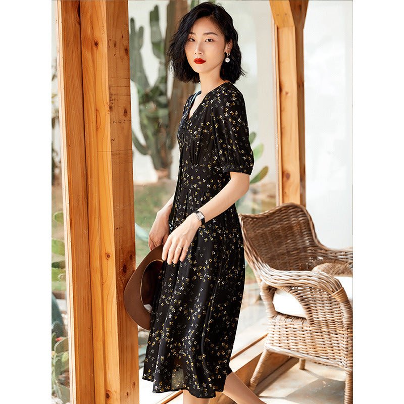 Button Front Silk Floral Print Dress Ladies Summer Chic Silk Dresses XS Black