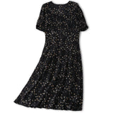 Button Front Silk Floral Print Dress Ladies Summer Chic Silk Dresses XS Black