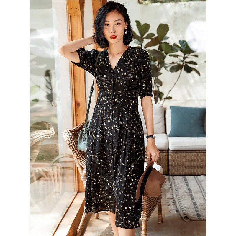 Button Front Silk Floral Print Dress Ladies Summer Chic Silk Dresses XS Black