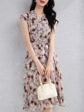 100% Silk Floral Dress for Women V Neck Belted Silk Midi Dress Summer Dress Ivory XS