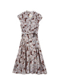 100% Silk Floral Dress for Women V Neck Belted Silk Midi Dress Summer Dress Ivory XS