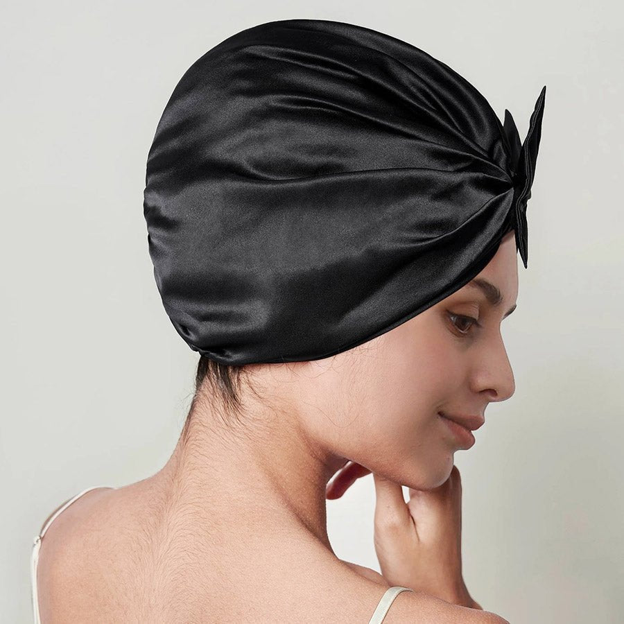 Women Elegant Bowknot Silk Sleep Caps Silk Bow Turban Black M