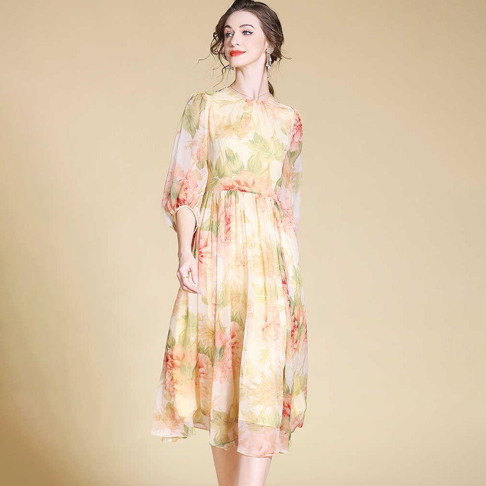 Womens Elegant Floral Silk Midi Dress with Sheer Sleeves Long Silk Dresses Gold XS