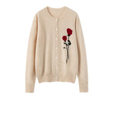 Cashmere Cardigan Rose Broderad Button Front Cashmere Stickad Tröja för kvinnor