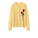 Cashmere Cardigan Rose Broderad Button Front Cashmere Stickad Tröja för kvinnor