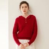 Damkabelstickad Cashmere Hooded Cashmere Henley tröja