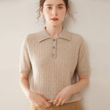 Womens Polo Neck Cashmere Sweater Short Sleeve Cable Knit Cashmere Top