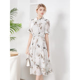 Kvinnors siden midi klänning bälte midja bambublad tryckta silkeklänningar