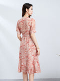 Womens Print Silk Dress Ruffle Hem V Neck Silk Midi Dress