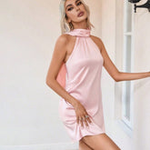 Blush Pink Silk Halter Mini Dress with Scarf Neck Open Back Short Silk Dress