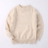 Boys And Girls Crew Neck Pure Cashmere Sweater Ribbed Knit Hem Beige 100