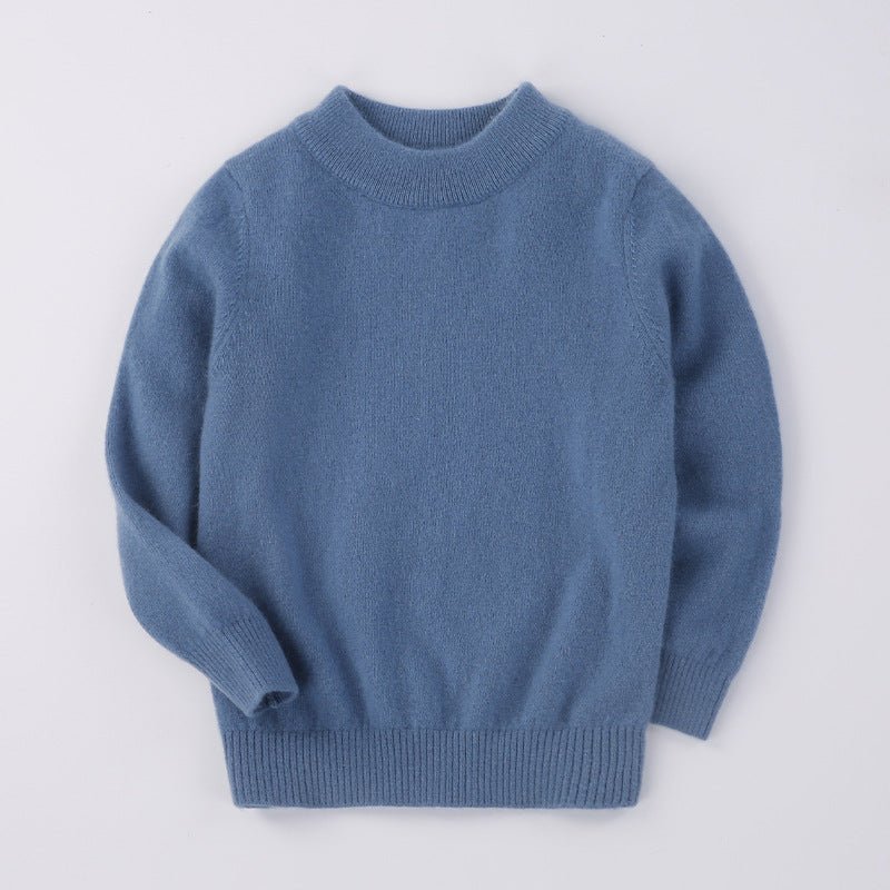 Boys And Girls Crew Neck Pure Cashmere Sweater Ribbed Knit Hem Blue 100