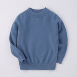 Boys And Girls Crew Neck Pure Cashmere Sweater Ribbed Knit Hem Blue 100
