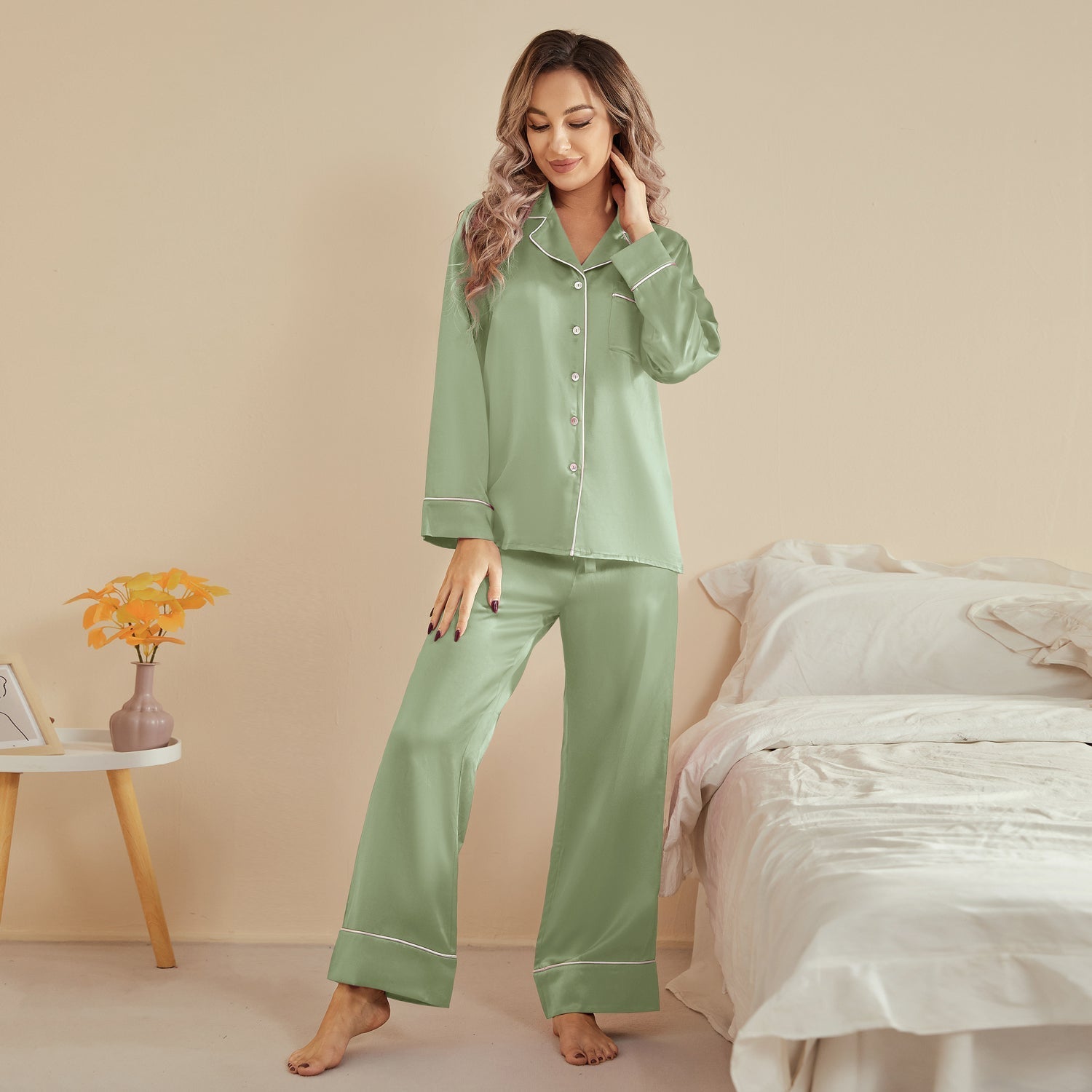 Bright Color Silk Pajamas Set for Women Avocado Green XS