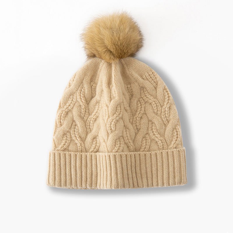 Cable Knit Pure Cashmere Beanie with Fur Pom Cashmere Hat Fluffy Pom
