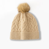 Cable Knit Pure Cashmere Beanie with Fur Pom Cashmere Hat Fluffy Pom