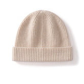 Cashmere Knit Beanie Hat with Fold Over Cuff Ribbed Winter Cashmere Cap
