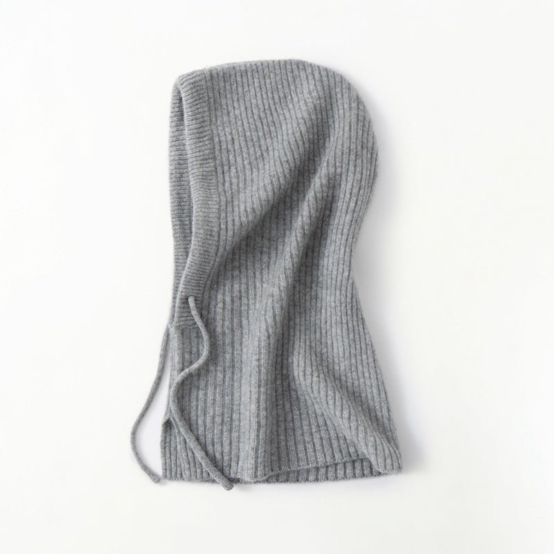 Cashmere Ribbed Knit Hood Adjustable Drawstring Cashmere Balaclava