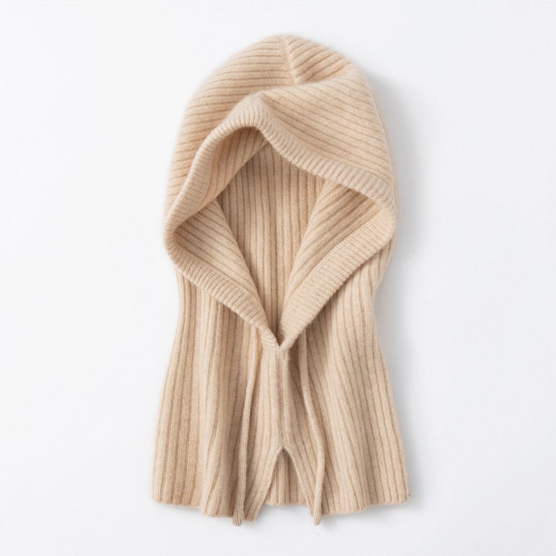 Cashmere Ribbed Knit Hood Adjustable Drawstring Cashmere Balaclava