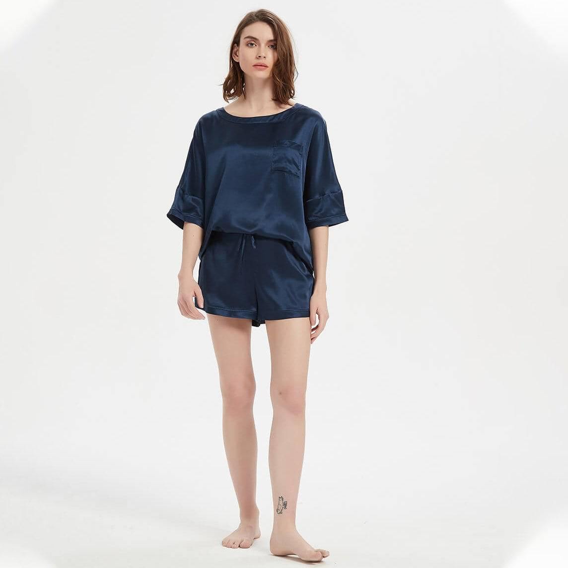 Classic Round Necked Half Sleeves Short Silk Pajamas Set Navy Blue S