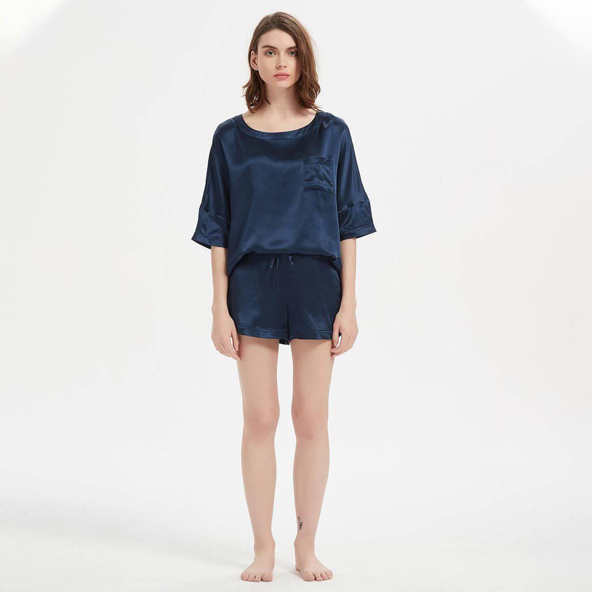 Classic Round Necked Half Sleeves Short Silk Pajamas Set Navy Blue S