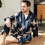 Long Crane Printed Silk Pajamas Set For Couples