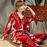 Long Crane Printed Silk Pajamas Set For Couples