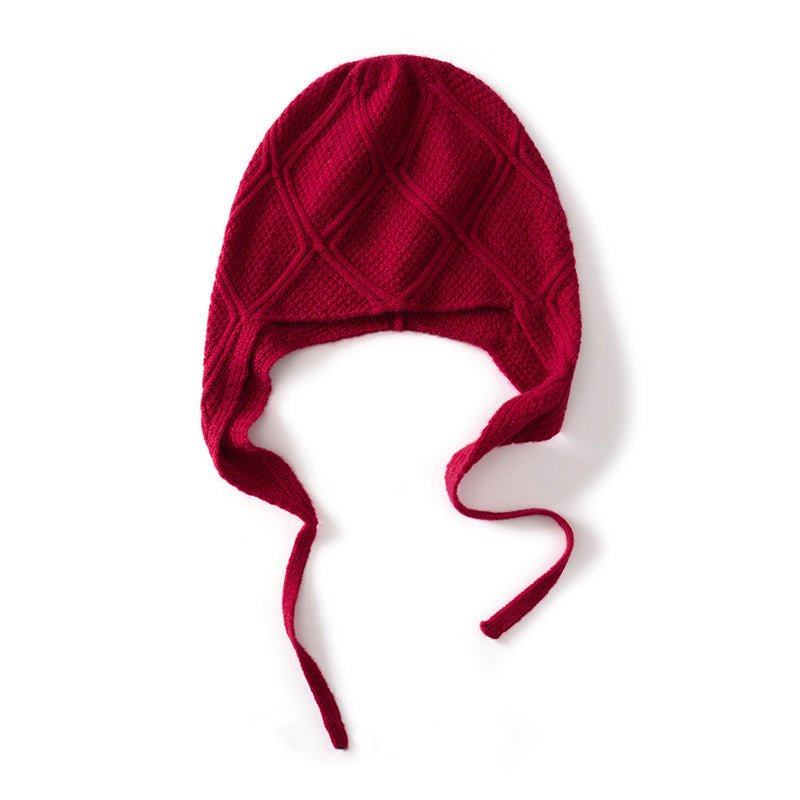 Diamond Knit Pure Cashmere Beanie Cashmere Bonnet Hat with Ties