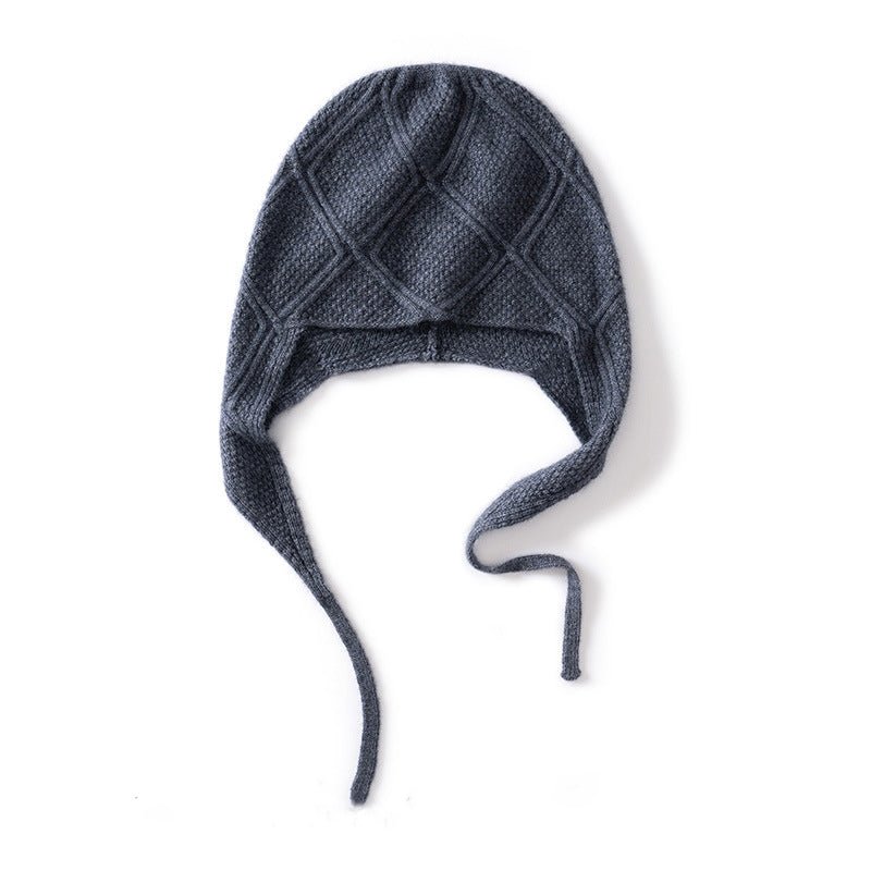 Diamond Knit Pure Cashmere Beanie Cashmere Bonnet Hat with Ties