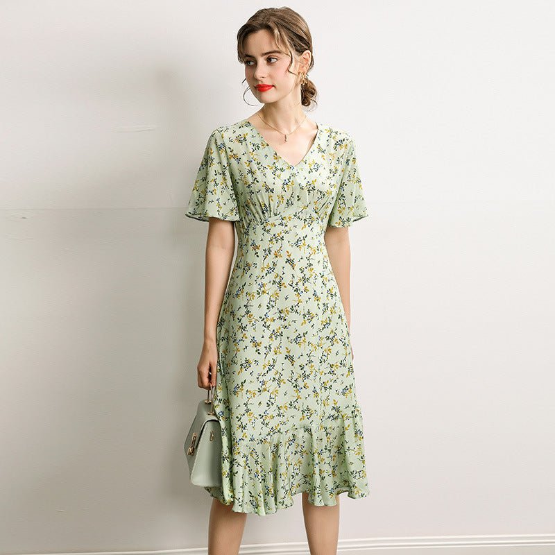 Elegant Floral Print Women's Silk Dress Pure 100% Pure Silk Dresses