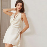 Elegant Ivory Cowl Neck Silk Mini Dress Short Silk Dress Ivory XS